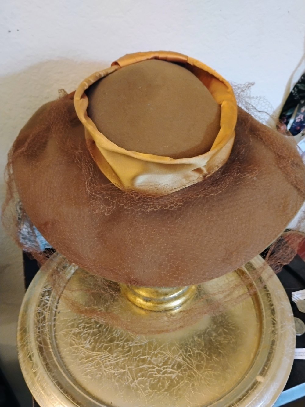 Vintage Merrimac Women's Brown Wide-Brim Hat with Gold Satin Band 100% Wool